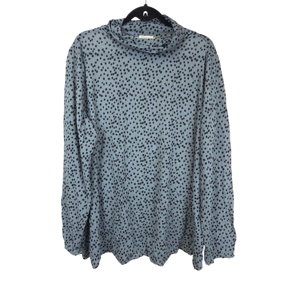 Chalet Blue Black Polka Dot Long Sleeve Cowl Neck Crinkle Top XL